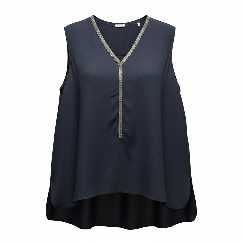 Sleeveless Blouse Elie Tahari L Womens‎ Navy Excellent Silk Bead Chain Trim